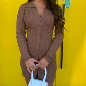 Brown Knit Ribbed Button Down Dress
